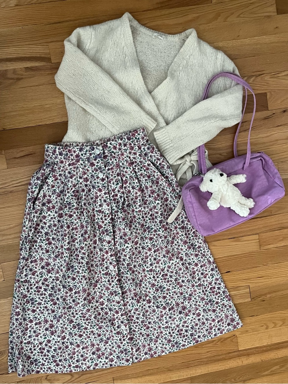 Vintage Jantzen White and Mauve Floral Midi Skirt